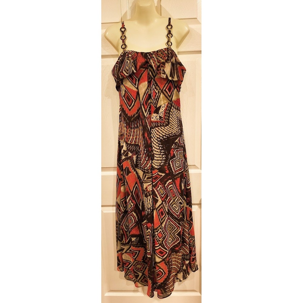 Nine West‎ Womens Geometric Ikat Print Ruffle Maxi Dress Brown Orange Size 8
